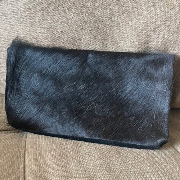 VTG GENUINE COWHIDE CLUTCH BAG FLAP BLACK WESTERN BOHEMIAN FRINGE RARE VERSATILE - Picture 2 of 16